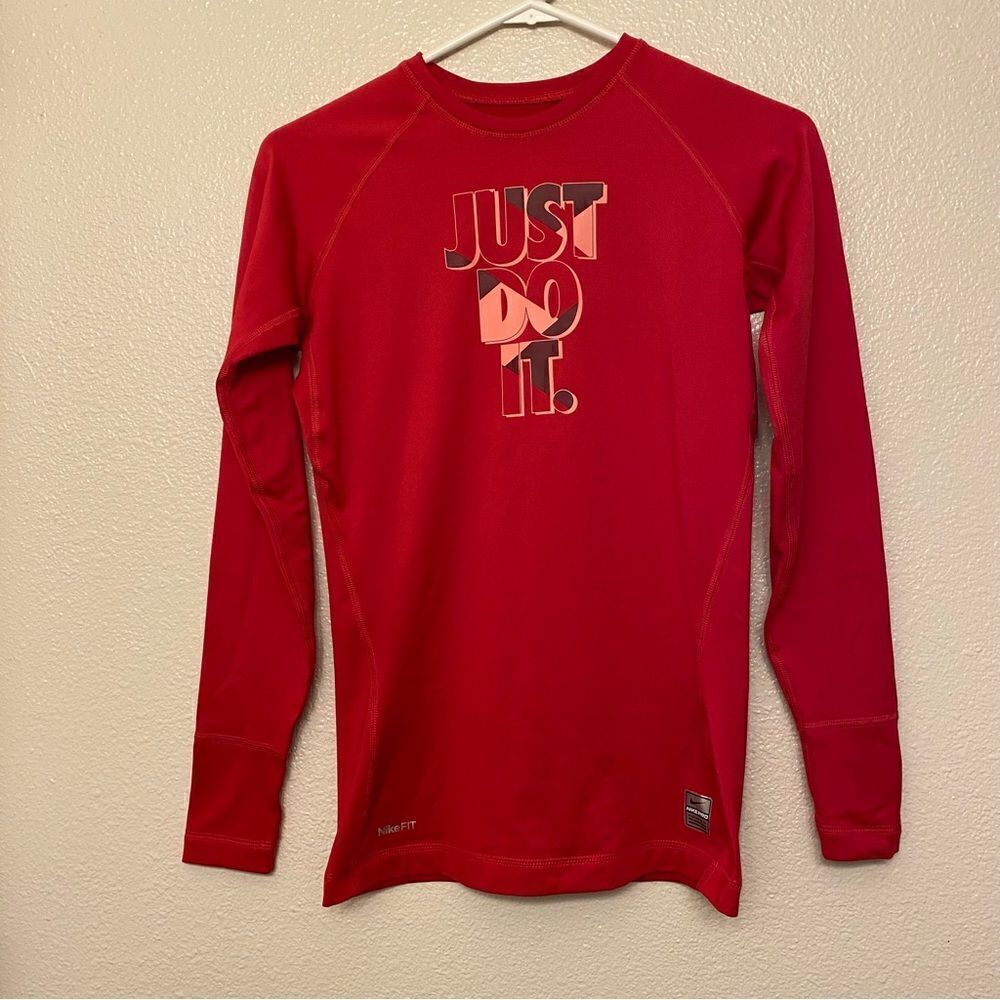 NIKE PRO hot pink Just Do It fitted cozy fleece lined Long Sleeve Running Top -S